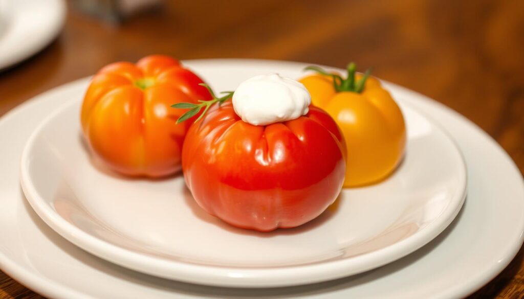 Heirloom Tomato Trio with Ricotta & Herb Drizzle plating